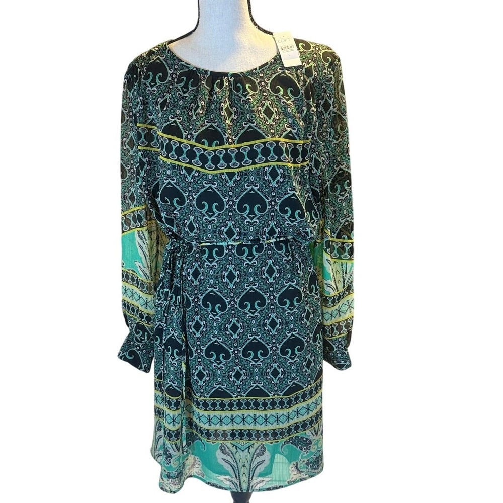 LOFT Shift Dress Womens Large Teal Green NEW Paisley Damask Boho Long Sleeve